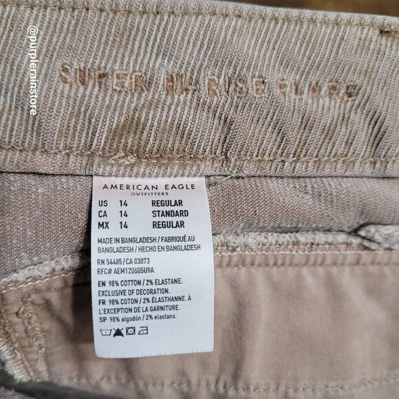 American Eagle Corduroy Jeans 14 Super Hi Rise Flare Button Fly Stretch Beige - Picture 5 of 12